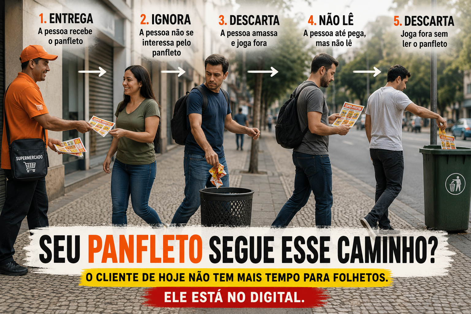 Sequência mostrando uma pessoa recebendo um panfleto de supermercado, ignorando e jogando no lixo sem ler